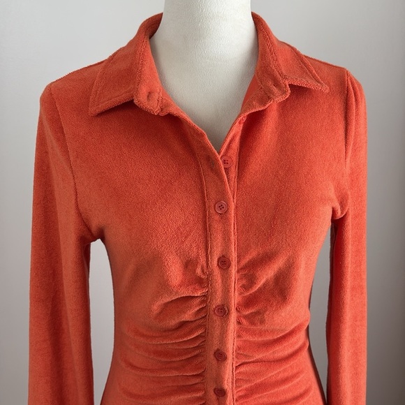 Beige Botany Terrycloth Ruched Mini Dress Orange Long Sleeve Button Down Size M - Picture 3 of 12